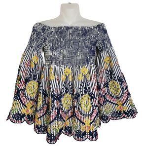 Flying Tomato Women Top Small Smocked Floral Embroidery Off Shoulder Bell Sleeve